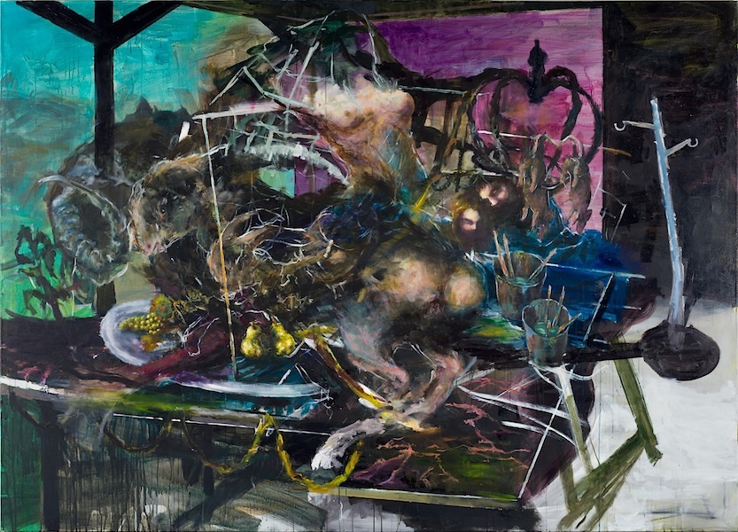 Alexander König: Jagdstillleben im Atelier, 2017, oil and acrylic on canvas, 180 x 250 cm

